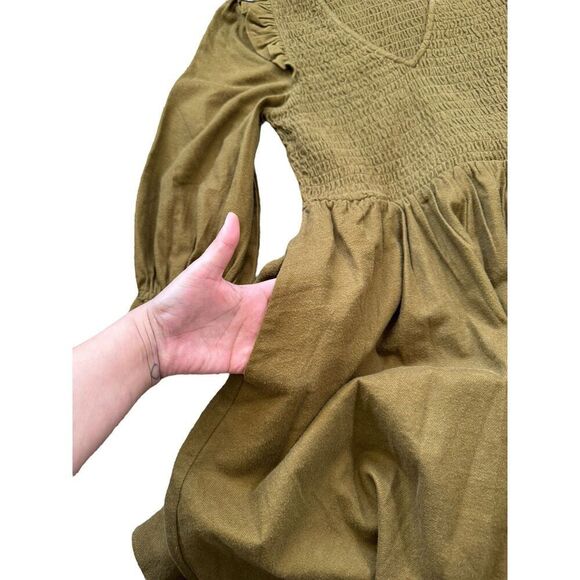 Madewell Women's Flannel Lucie V-Neck Smocked Mini Dress Size Small Olive Color - Picture 4 of 10